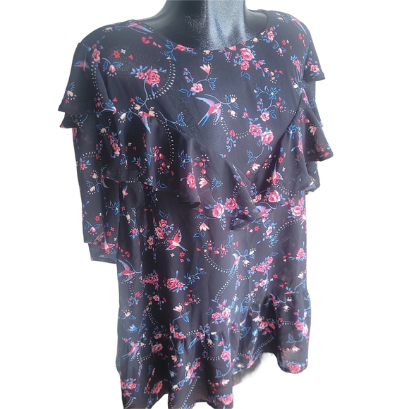 Love & Legend Black and Pink Floral Ruffle Short Sleeve Blouse 18 - Picture 3 of 7